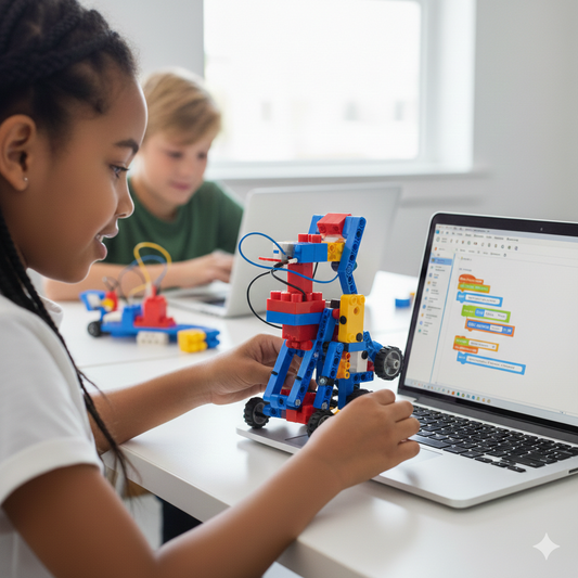 Why Cloud Stop Motion should come before Robotics - a young girl is enjoying building a robot character from plastic building blocks and coding in a Scratch-style programme on her computer